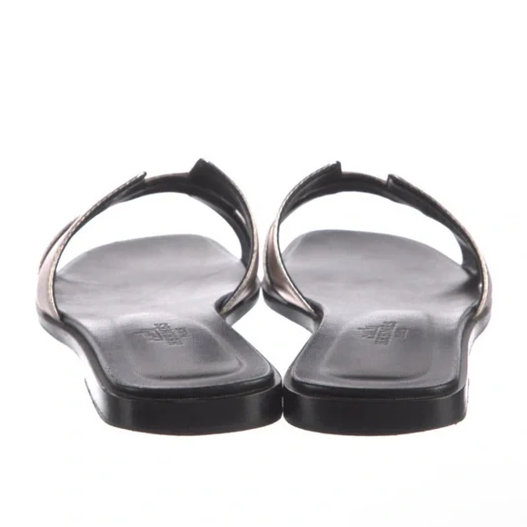 Hermes Oran Dore Vieilli Silver Gray Metallic Leather H Slide Sandals Slippers